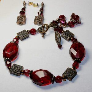 Elegant Bracelet & Matching Pierced Earrings Dark Red Beads & Coppery Accents